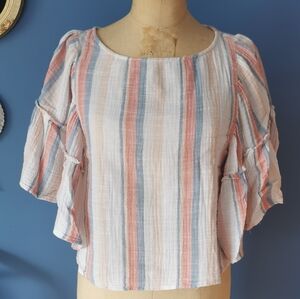 American Eagle Outfitters Pink and Gray Flutter Sleeve Crop Blouse